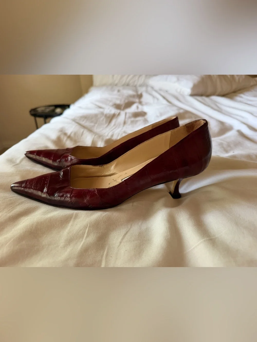 Manolo Blahnik Burgundy Eel Pointed-Toe Leather Kitten Heels
